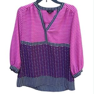 Willi Smith Sheer Boho Blouse Size Small, Pink/Navy/White